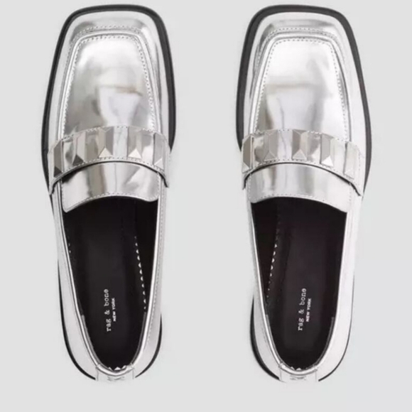 Rag & bone Silver Maxwell Loafers Flats NWT Studded Shiny Leather Casual Grunge - Picture 12 of 14